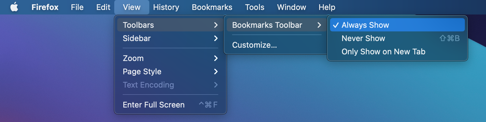 Firefox - How to Always Show Bookmarks Toolbar